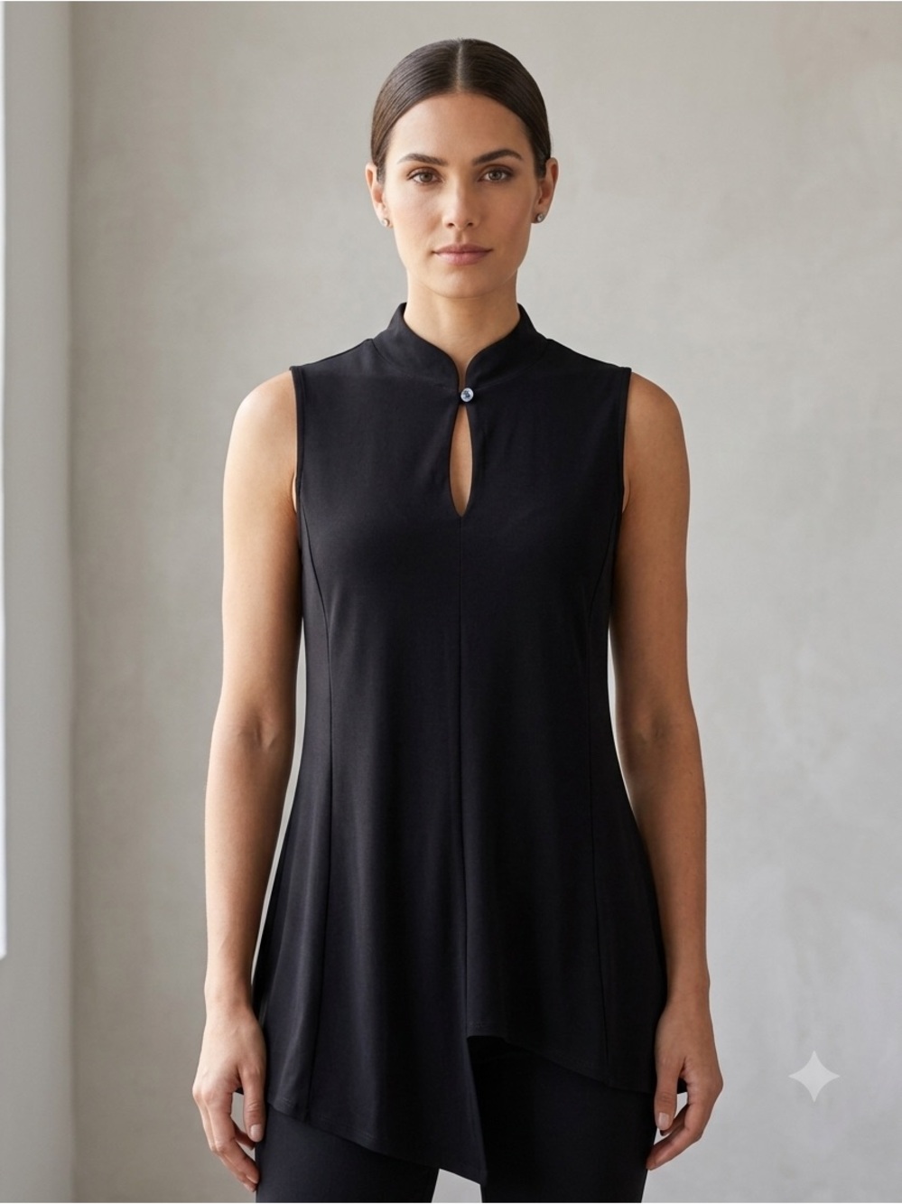 Sympli Sleeveless Keyhole Blouse Asymmetrical Hem Top black sz 8 small collar